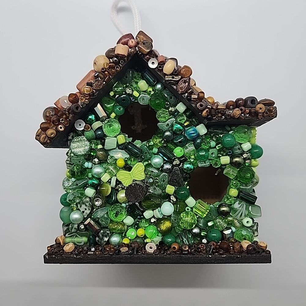 Miniature Beaded Birdhouse Repurposed Jewelry Art 3D Embellished Hanging 4x4x3